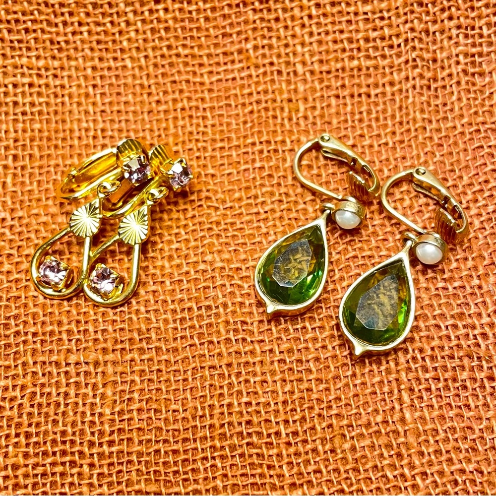 Two Pairs Rhinestone and Faux Garnet and Pearls Clip on Earrings Gold Tone